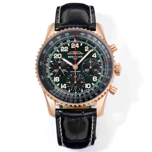 Chronograph - Rosegold bezel - Green Black - N-Timer - Black Leather - Automatic - 43mm