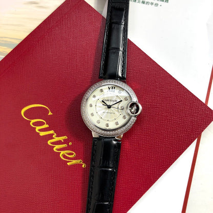 LADY -White Rhinestone Bezel- Black Leather - Quartz - 33mm